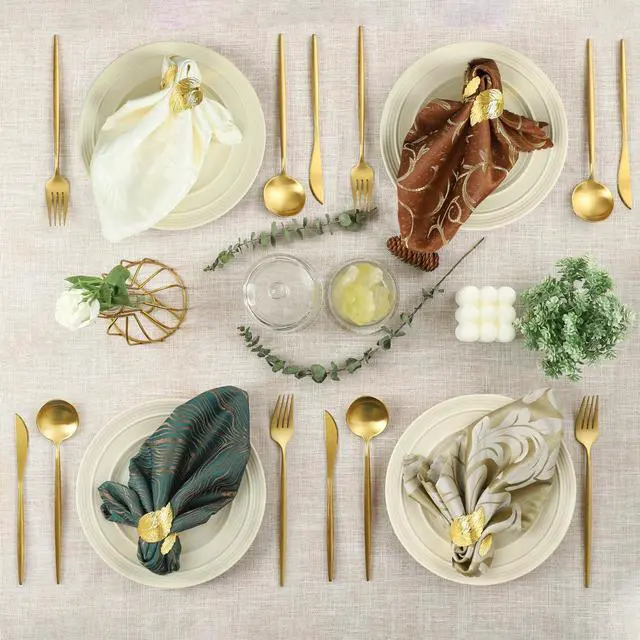 Alt view image 6 of 7 - Napkin Rings Set of 12, Shiny Gold Napkin Rings, Smooth, Easy Care, Solid Metal Laurel Leaf Shaped Elegant Table Decor, Stylish Napkin Ring Bulk for Holidays Wedding, Party, New Homes Gift