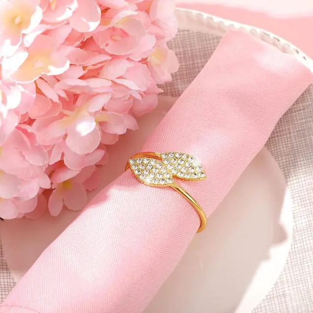 Alt view image 2 of 7 - Gold Napkin Rings Gold Table Decoration, Leaves Napkin Rings,12 Piece | Elegant Bling Rhinestone Guest Towels Buckle for Fall Gather Party, Thanksgiving Wedding Dinner Banquet Table Decoration
