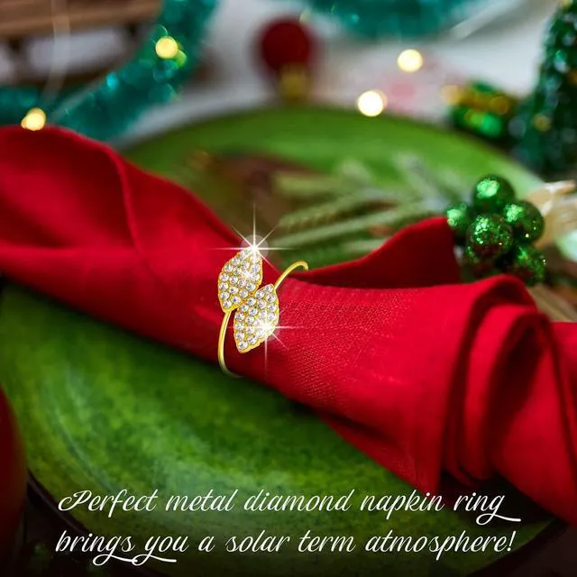 Alt view image 5 of 7 - Gold Napkin Rings Gold Table Decoration, Leaves Napkin Rings,12 Piece | Elegant Bling Rhinestone Guest Towels Buckle for Fall Gather Party, Thanksgiving Wedding Dinner Banquet Table Decoration
