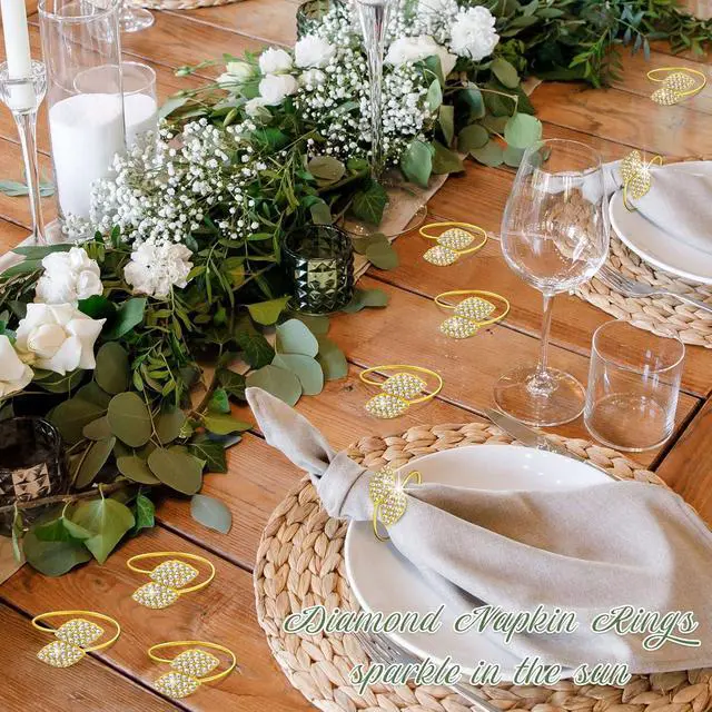 Alt view image 4 of 7 - Gold Napkin Rings Gold Table Decoration, Leaves Napkin Rings,12 Piece | Elegant Bling Rhinestone Guest Towels Buckle for Fall Gather Party, Thanksgiving Wedding Dinner Banquet Table Decoration