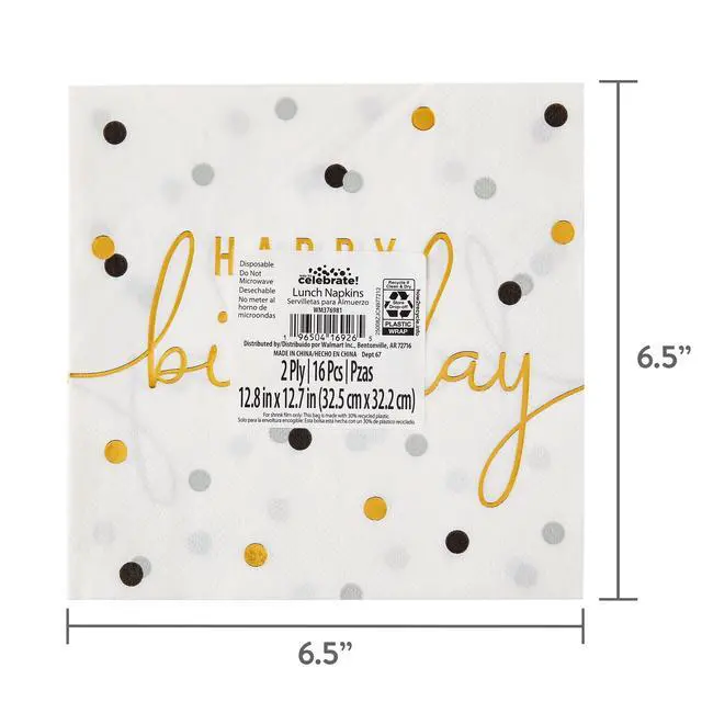 Alt view image 5 of 7 - Way to Celebrate 6.5" x 6.5" Disposable Birthday Gold and White Paper Napkins (16 Count)