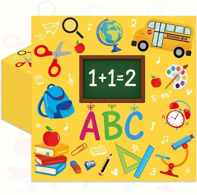 Main image of Pack of 50 Back to School Paper Napkins, Yellow School Supplies Design Disposable Party Napkins for Classroom, Teacher Appreciation, Kindergarten, First Day of School Decoration, 13x13 Inches Unfolded
