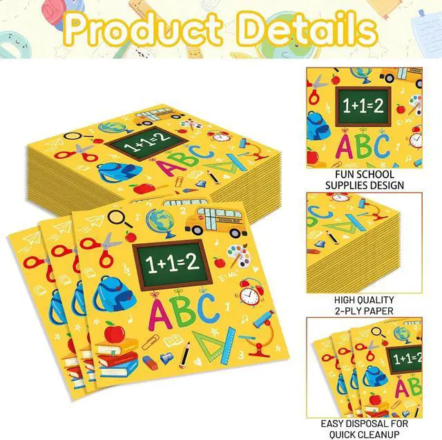 Alt view image 3 of 7 - Pack of 50 Back to School Paper Napkins, Yellow School Supplies Design Disposable Party Napkins for Classroom, Teacher Appreciation, Kindergarten, First Day of School Decoration, 13x13 Inches Unfolded