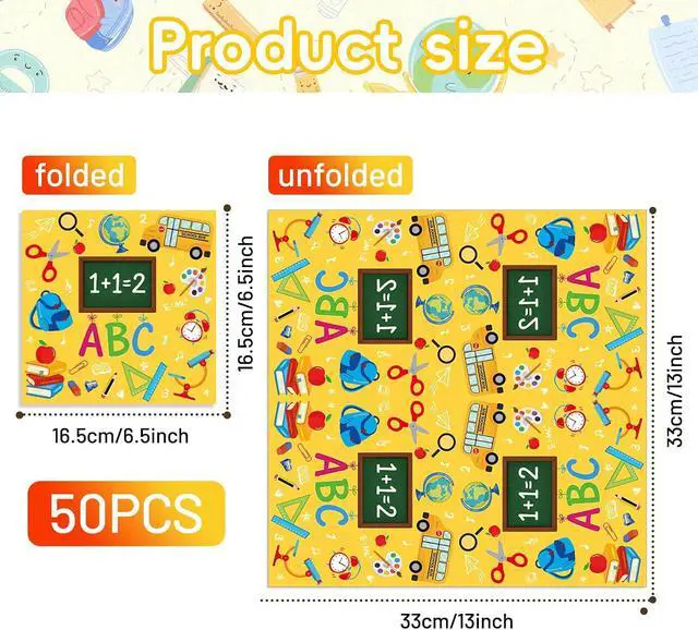 Alt view image 2 of 7 - Pack of 50 Back to School Paper Napkins, Yellow School Supplies Design Disposable Party Napkins for Classroom, Teacher Appreciation, Kindergarten, First Day of School Decoration, 13x13 Inches Unfolded