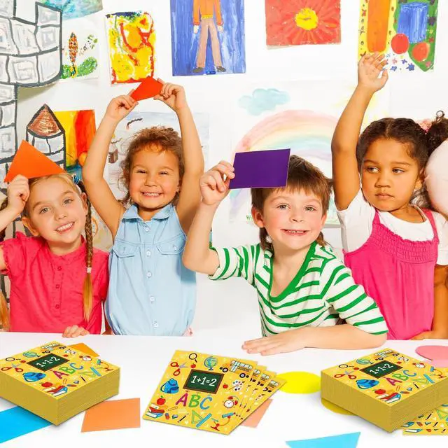 Alt view image 4 of 7 - Pack of 50 Back to School Paper Napkins, Yellow School Supplies Design Disposable Party Napkins for Classroom, Teacher Appreciation, Kindergarten, First Day of School Decoration, 13x13 Inches Unfolded