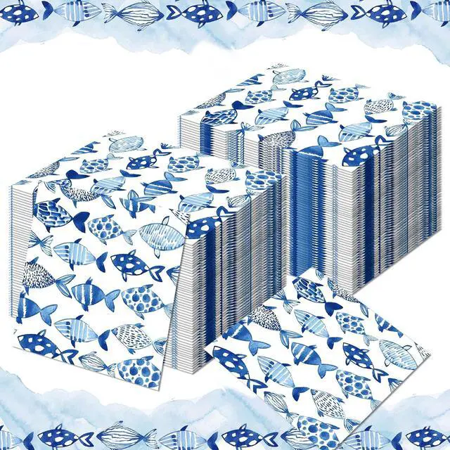 Alt view image 4 of 7 - 40Pcs Ocean Fish Paper Napkins Watercolor Sea Ocean Luncheon Napkins Nautical Fishes Disposable Party Napkin Blue Fish Decorative Dinner Paper Napkin for Fishing Beach Home Restaurant Kitchen Supplies