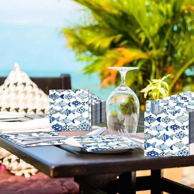 Alt view image 6 of 7 - 40Pcs Ocean Fish Paper Napkins Watercolor Sea Ocean Luncheon Napkins Nautical Fishes Disposable Party Napkin Blue Fish Decorative Dinner Paper Napkin for Fishing Beach Home Restaurant Kitchen Supplies