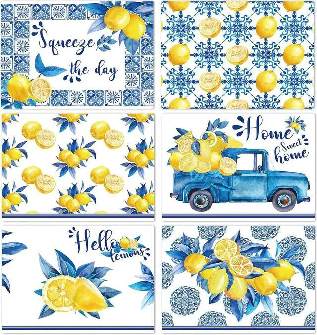 Main image of Blue and Yellow Lemons Placemats Set of 6 17×12 Inch Summer Lemon