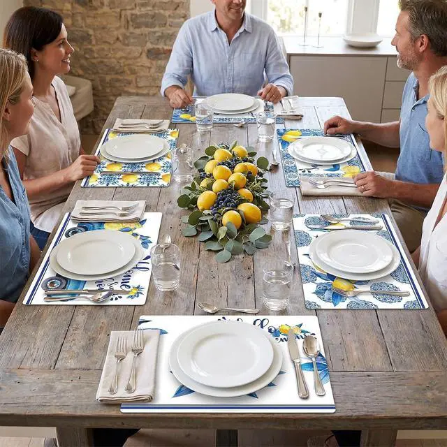 Alt view image 5 of 7 - Blue and Yellow Lemons Placemats Set of 6 17×12 Inch Summer Lemon