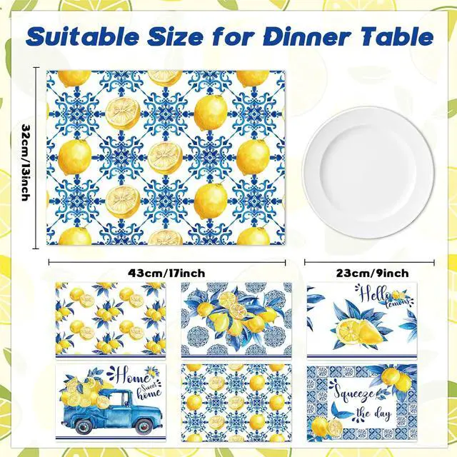 Alt view image 2 of 7 - Blue and Yellow Lemons Placemats Set of 6 17×12 Inch Summer Lemon