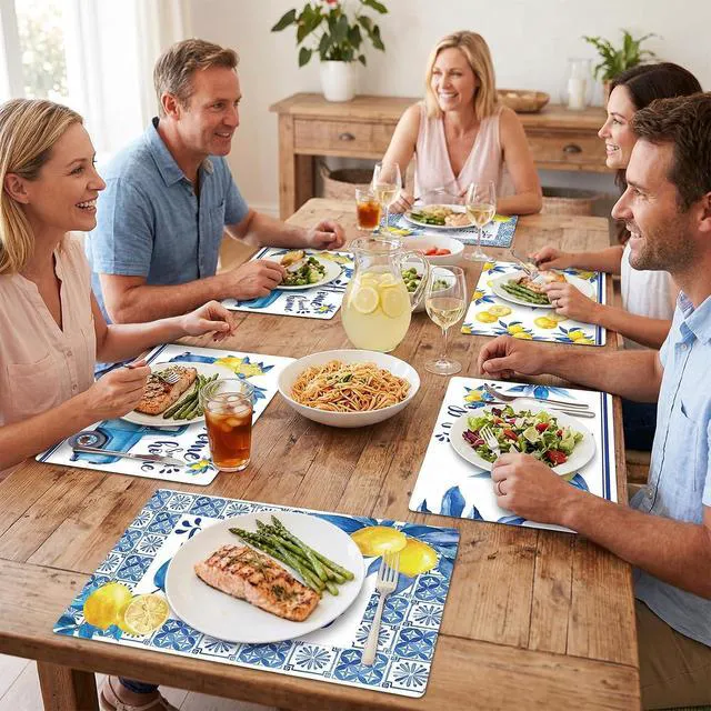 Alt view image 6 of 7 - Blue and Yellow Lemons Placemats Set of 6 17×12 Inch Summer Lemon