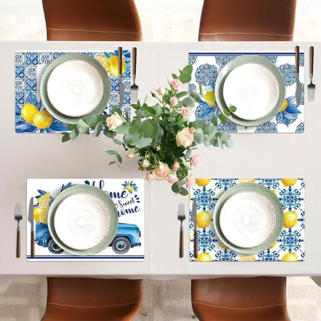 Alt view image 7 of 7 - Blue and Yellow Lemons Placemats Set of 6 17×12 Inch Summer Lemon