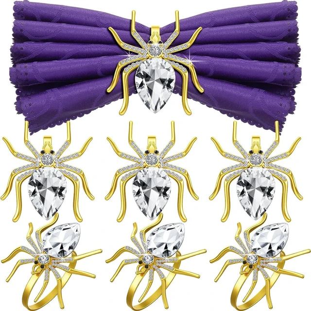 Main image of 6 Pcs Spider Napkin Rings Halloween Metal Spooky Rhinestone Napkin Holder Buckle Serviette Halloween Table Decoration Party Supplies
