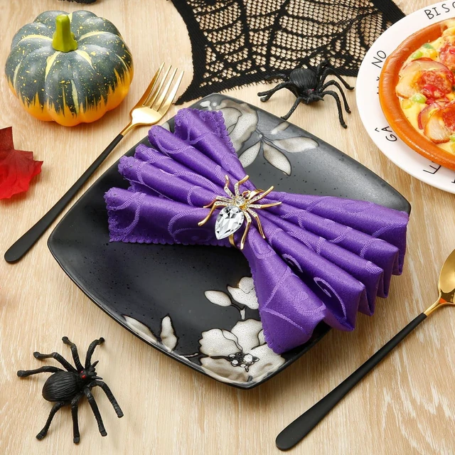 Alt view image 2 of 7 - 6 Pcs Spider Napkin Rings Halloween Metal Spooky Rhinestone Napkin Holder Buckle Serviette Halloween Table Decoration Party Supplies