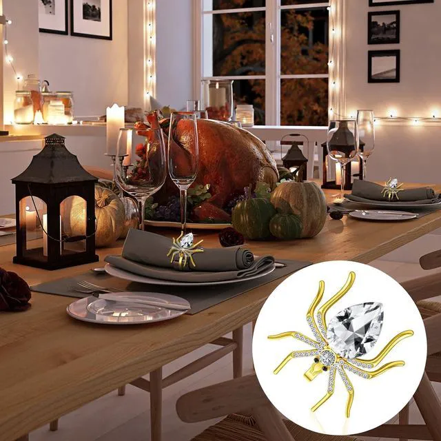 Alt view image 4 of 7 - 6 Pcs Spider Napkin Rings Halloween Metal Spooky Rhinestone Napkin Holder Buckle Serviette Halloween Table Decoration Party Supplies