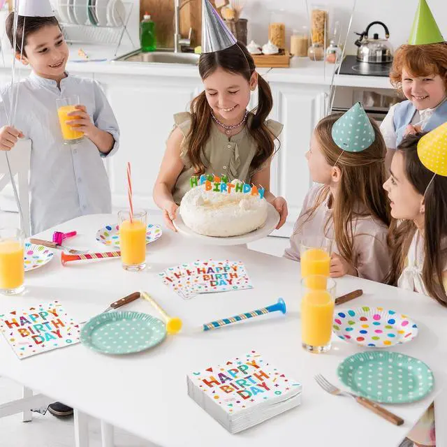 Alt view image 6 of 7 - 100 Pieces Colored Happy Birthday Paper Napkins Disposable Party Napkins 13" x 13" Unfolded Tableware Napkin for Happy Birthday Party Supplies Table Decoration