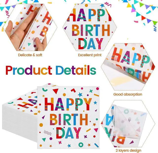 Alt view image 3 of 7 - 100 Pieces Colored Happy Birthday Paper Napkins Disposable Party Napkins 13" x 13" Unfolded Tableware Napkin for Happy Birthday Party Supplies Table Decoration
