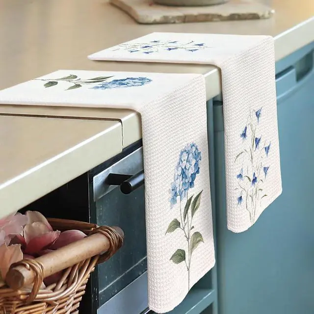 Alt view image 2 of 6 - Blue Hydrangea Campanula Floral Kitchen Towels - Floral Dish Towels, Minimalist Flower Botanical Decorative Absorbent Dishcloths Hand Towel for Kitchen Bathroom Decor 16x24 Inches Set of 2