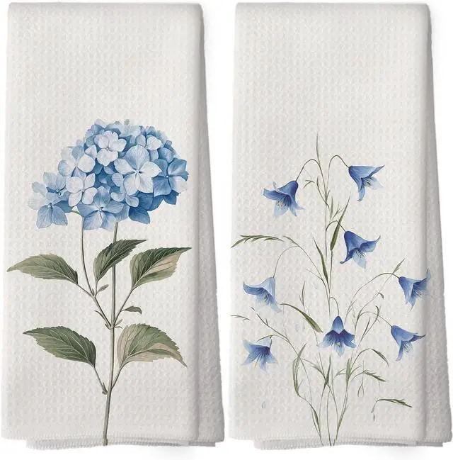 Main image of Blue Hydrangea Campanula Floral Kitchen Towels - Floral Dish Towels, Minimalist Flower Botanical Decorative Absorbent Dishcloths Hand Towel for Kitchen Bathroom Decor 16x24 Inches Set of 2