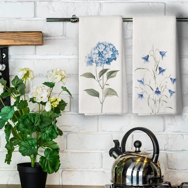 Alt view image 4 of 6 - Blue Hydrangea Campanula Floral Kitchen Towels - Floral Dish Towels, Minimalist Flower Botanical Decorative Absorbent Dishcloths Hand Towel for Kitchen Bathroom Decor 16x24 Inches Set of 2