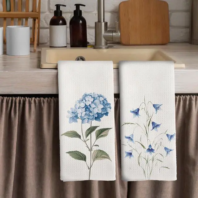 Alt view image 3 of 6 - Blue Hydrangea Campanula Floral Kitchen Towels - Floral Dish Towels, Minimalist Flower Botanical Decorative Absorbent Dishcloths Hand Towel for Kitchen Bathroom Decor 16x24 Inches Set of 2
