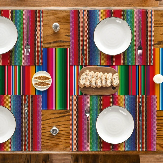 Alt view image 5 of 7 - Colorful Stripes Dia De Los Muertos Fiesta Mexico Placemats Set of 4, 12x18 Inch Spring Table Mats for Party Kitchen Dining Decoration