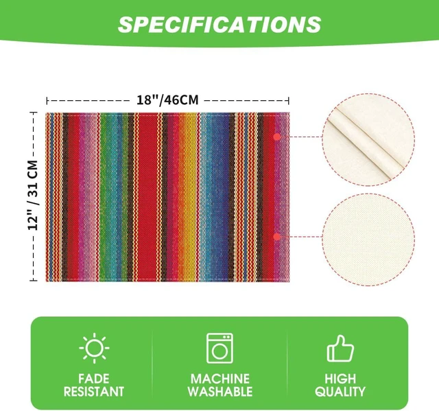 Alt view image 6 of 7 - Colorful Stripes Dia De Los Muertos Fiesta Mexico Placemats Set of 4, 12x18 Inch Spring Table Mats for Party Kitchen Dining Decoration