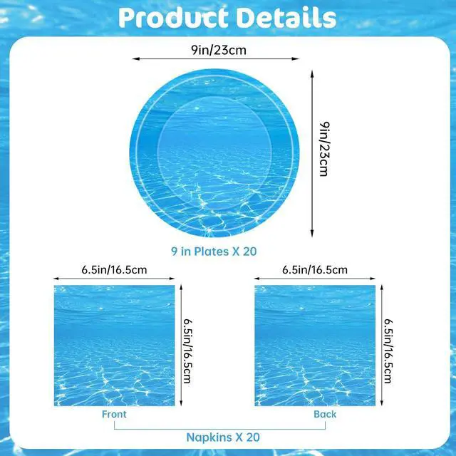 Alt view image 3 of 7 - 40 Pcs Ocean Plates and Napkins Sets - Under The Sea Party Supplies Tableware, Blue Disposable Paper Plates and Napkins Kit for Summer Ocean Themed Party Decorations Birthday Table Decor, Serves 20