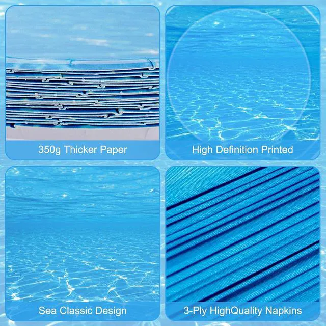 Alt view image 4 of 7 - 40 Pcs Ocean Plates and Napkins Sets - Under The Sea Party Supplies Tableware, Blue Disposable Paper Plates and Napkins Kit for Summer Ocean Themed Party Decorations Birthday Table Decor, Serves 20