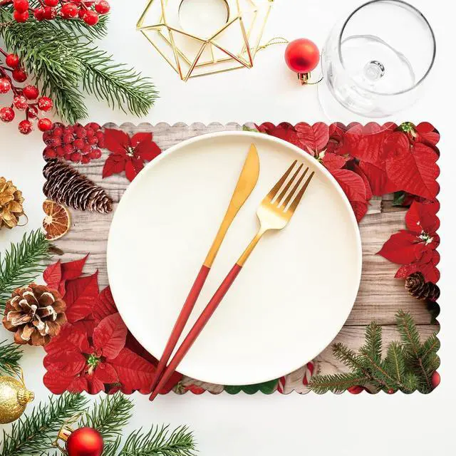 Alt view image 2 of 7 - 50 Pack Poinsettia Red Disposable Placemat Watercolor Paper Place Mats Xmas Winter Decor Table Cook Mats for Dinner Table Party Supplies 16.5 x 10 Inch