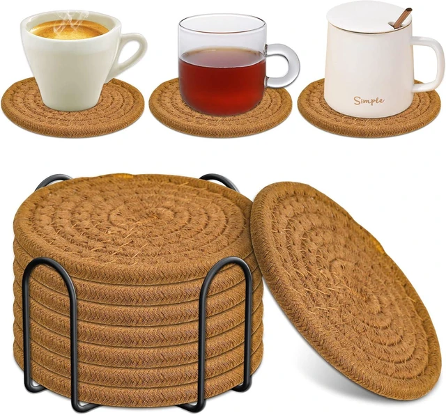 Main image of 8 Pcs Drink Coasters with Holder, Absorbent Coasters for Drinks, Minimalist Cotton Woven Coaster Set for Home Decor Tabletop Protection Suitable for Kinds of Cups, 4.3 Inches.
