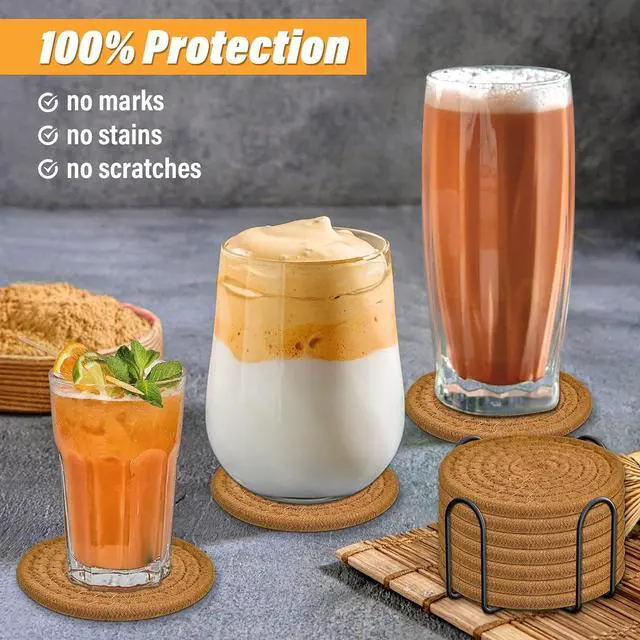 Alt view image 3 of 7 - 8 Pcs Drink Coasters with Holder, Absorbent Coasters for Drinks, Minimalist Cotton Woven Coaster Set for Home Decor Tabletop Protection Suitable for Kinds of Cups, 4.3 Inches.