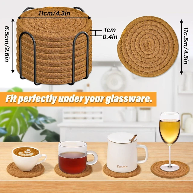 Alt view image 4 of 7 - 8 Pcs Drink Coasters with Holder, Absorbent Coasters for Drinks, Minimalist Cotton Woven Coaster Set for Home Decor Tabletop Protection Suitable for Kinds of Cups, 4.3 Inches.