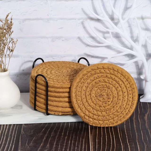 Alt view image 7 of 7 - 8 Pcs Drink Coasters with Holder, Absorbent Coasters for Drinks, Minimalist Cotton Woven Coaster Set for Home Decor Tabletop Protection Suitable for Kinds of Cups, 4.3 Inches.