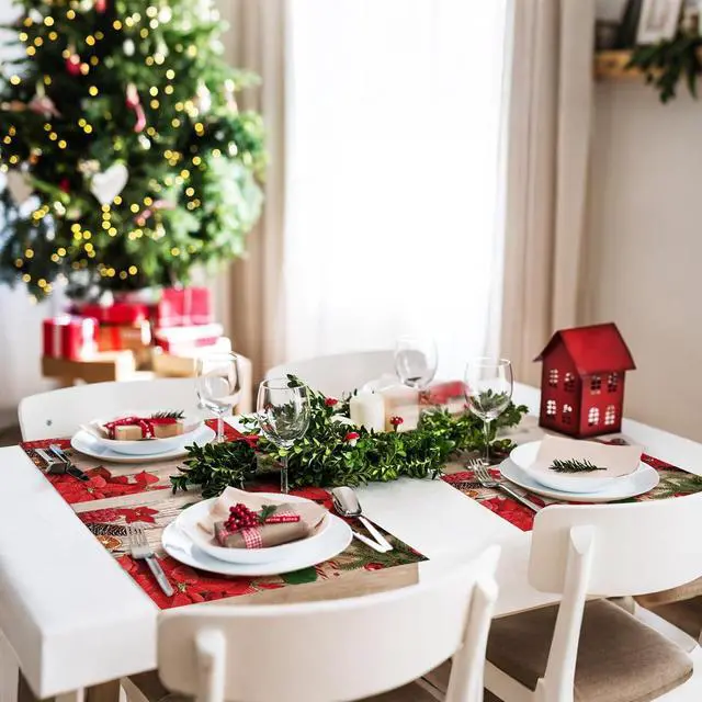 Alt view image 6 of 7 - 50 Pack Poinsettia Red Disposable Placemat Watercolor Paper Place Mats Xmas Winter Decor Table Cook Mats for Dinner Table Party Supplies 16.5 x 10 Inch