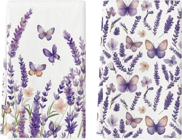 Main image of Butterfly Lavender Spring Kitchen Towels Dish Towels, 18x26 Inch Farmhouse Summer Decoration Cleaning Set of 2