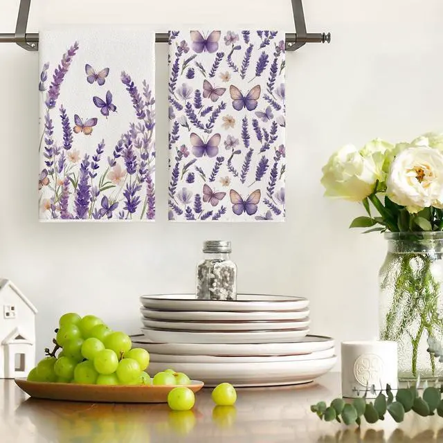 Alt view image 2 of 6 - Butterfly Lavender Spring Kitchen Towels Dish Towels, 18x26 Inch Farmhouse Summer Decoration Cleaning Set of 2