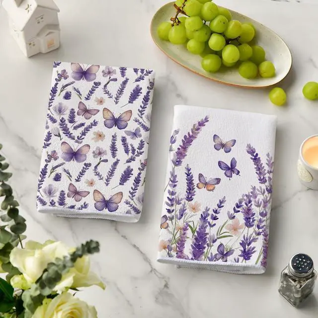 Alt view image 3 of 6 - Butterfly Lavender Spring Kitchen Towels Dish Towels, 18x26 Inch Farmhouse Summer Decoration Cleaning Set of 2
