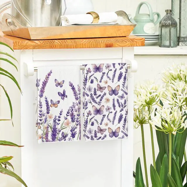 Alt view image 4 of 6 - Butterfly Lavender Spring Kitchen Towels Dish Towels, 18x26 Inch Farmhouse Summer Decoration Cleaning Set of 2