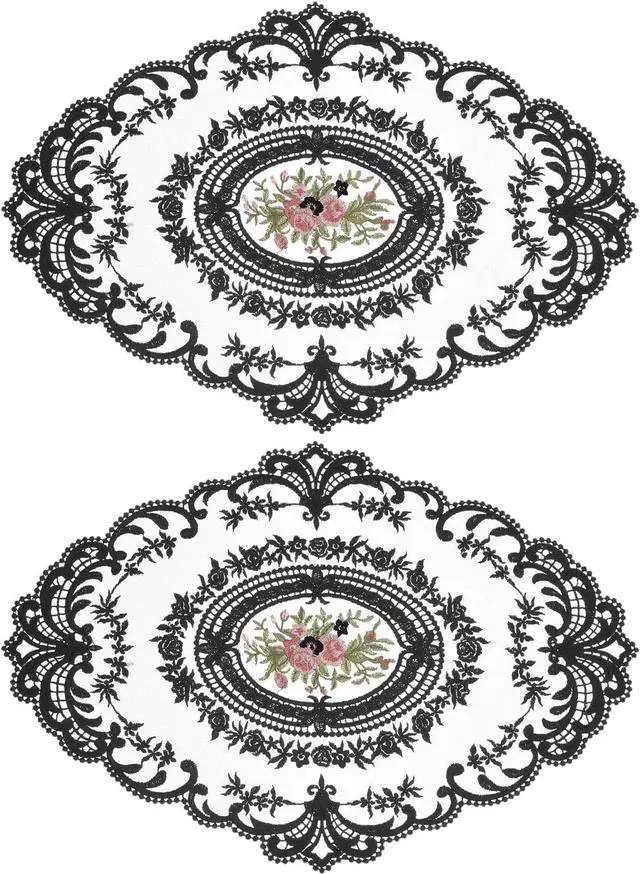 Main image of Retro Lace Placemat 12x16 Oval Embroidered Table Place 2Pack Black