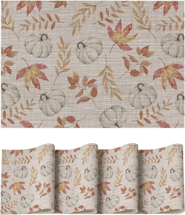 Main image of Maple Leaves Fall Vinyl Placemats Set of 4, Wipeable Colorful Printing PVC Place Mats for Party Kitchen Dining Decor, Beige