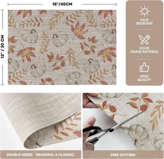 Alt view image 6 of 7 - Maple Leaves Fall Vinyl Placemats Set of 4, Wipeable Colorful Printing PVC Place Mats for Party Kitchen Dining Decor, Beige
