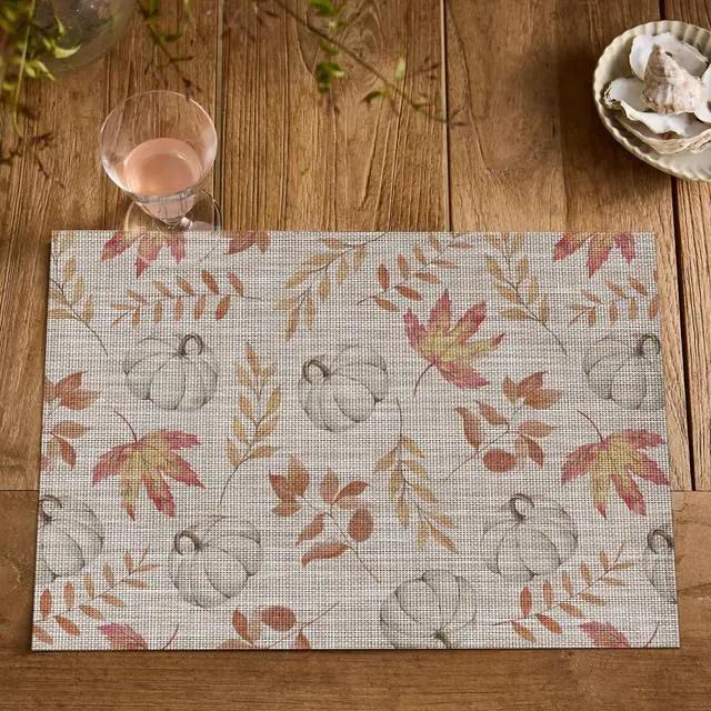 Alt view image 7 of 7 - Maple Leaves Fall Vinyl Placemats Set of 4, Wipeable Colorful Printing PVC Place Mats for Party Kitchen Dining Decor, Beige
