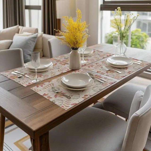 Alt view image 5 of 7 - Maple Leaves Fall Vinyl Placemats Set of 4, Wipeable Colorful Printing PVC Place Mats for Party Kitchen Dining Decor, Beige