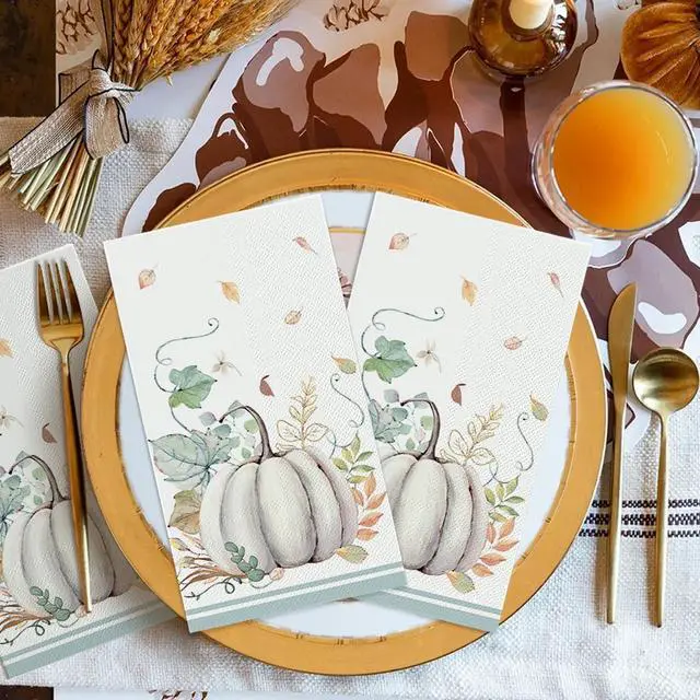 Alt view image 2 of 7 - 100Pcs Fall Paper Napkins, Leaf White Pumpkin
