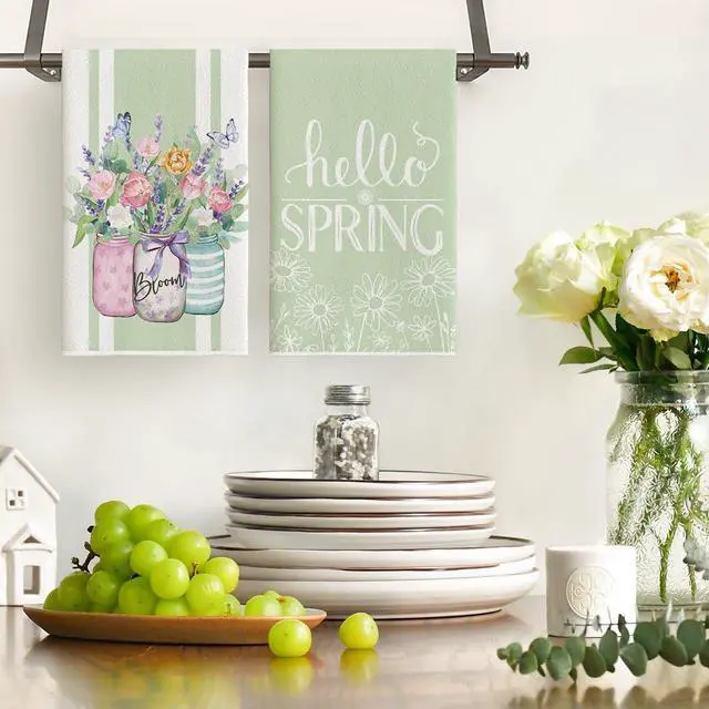 Alt view image 2 of 6 - Floral Bloom Vase Hello Spring Kitchen Towels Dish Towels, 18x26 Inch Seasonal Summer Decoration Hand Towels Set of 2
