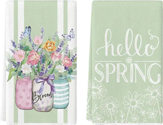 Main image of Floral Bloom Vase Hello Spring Kitchen Towels Dish Towels, 18x26 Inch Seasonal Summer Decoration Hand Towels Set of 2