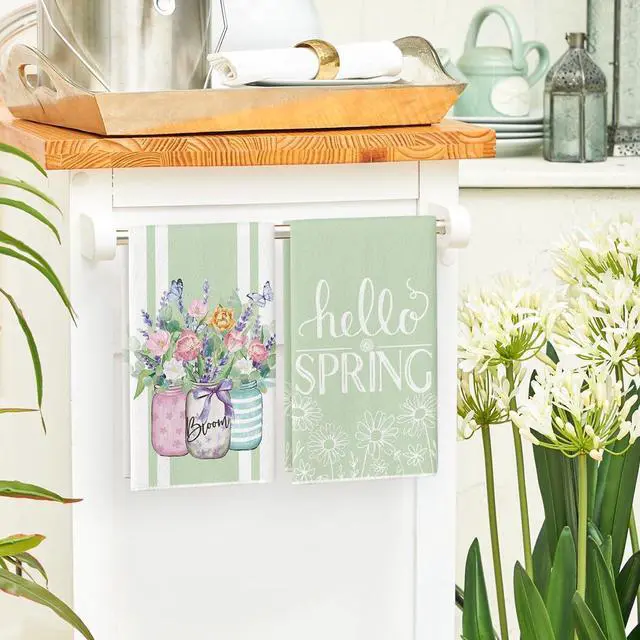 Alt view image 4 of 6 - Floral Bloom Vase Hello Spring Kitchen Towels Dish Towels, 18x26 Inch Seasonal Summer Decoration Hand Towels Set of 2
