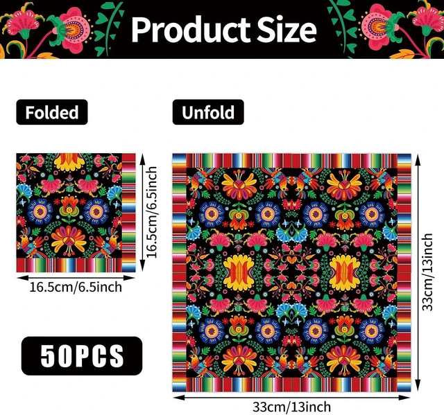 Alt view image 2 of 6 - Pack of 50, Mexican Fiesta Napkins, Colorful Floral and Serape Stripe Design, Disposable Paper Napkins for Cinco de Mayo, Taco Night, Birthdays, Mexican-Themed Party Supplies, 13x13 Inches Unfolded