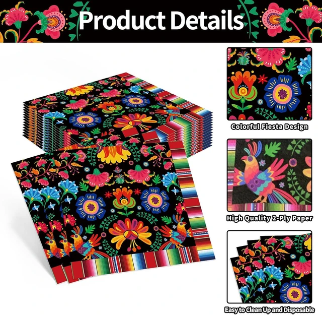 Alt view image 3 of 6 - Pack of 50, Mexican Fiesta Napkins, Colorful Floral and Serape Stripe Design, Disposable Paper Napkins for Cinco de Mayo, Taco Night, Birthdays, Mexican-Themed Party Supplies, 13x13 Inches Unfolded